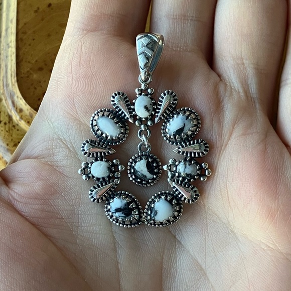 White Buffalo Turquoise Squash Blossom Pendant - Picture 6 of 7